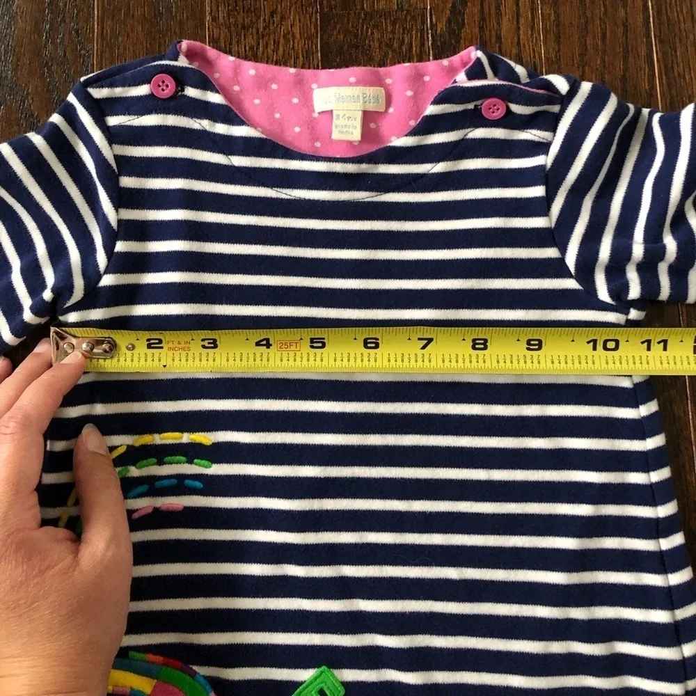 JoJo Maman Bébé Girls 3-4 Navy Blue Striped Elmer Elephant Appliqué A-Line Dress